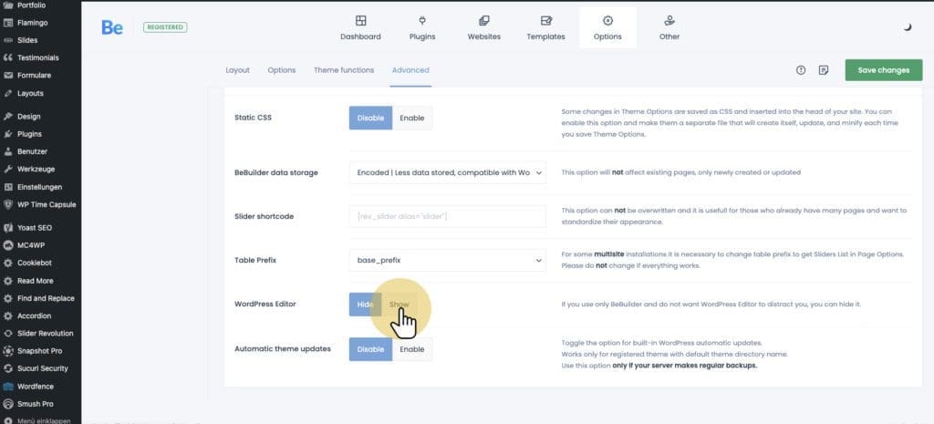 Screenshot (Betheme): Choose "Show" WordPress Editor