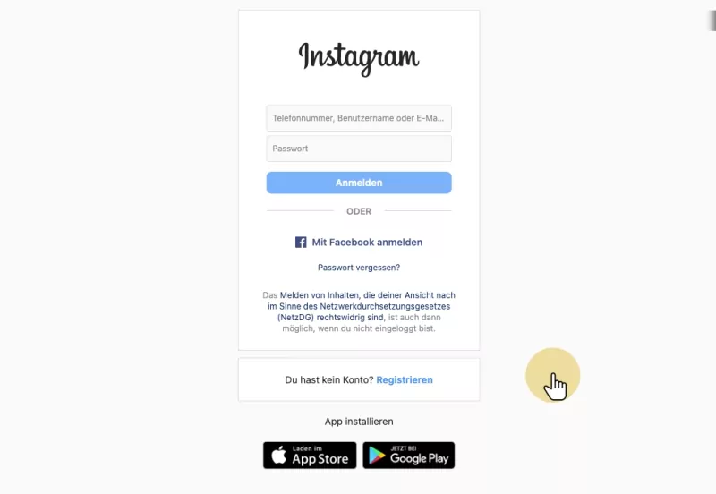 Screenshot: Auf Instagram einloggen
