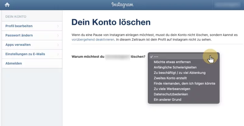 Screenshot: Grund der Löschung auswählen
