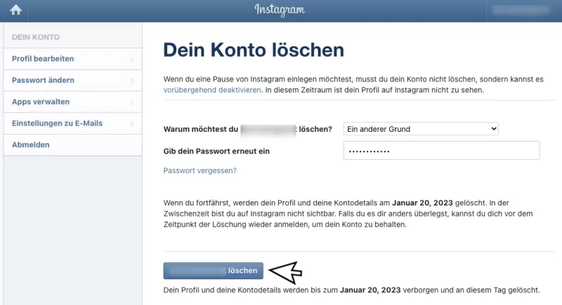 Löschen Button klicken
